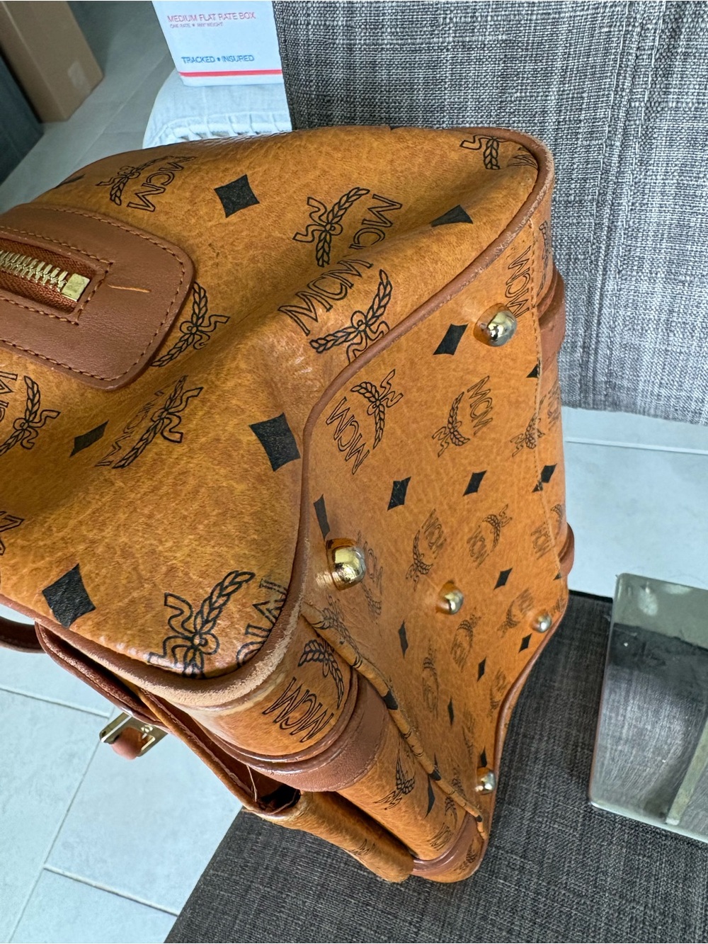 MCM Brown Visetos Logo Satchel with Gold Hardware - Picture 4 of 12